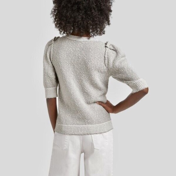 New GWYN Aura Tweed Merino Wool Puff Sleeve Sweater in Fog Grey - Picture 6 of 13